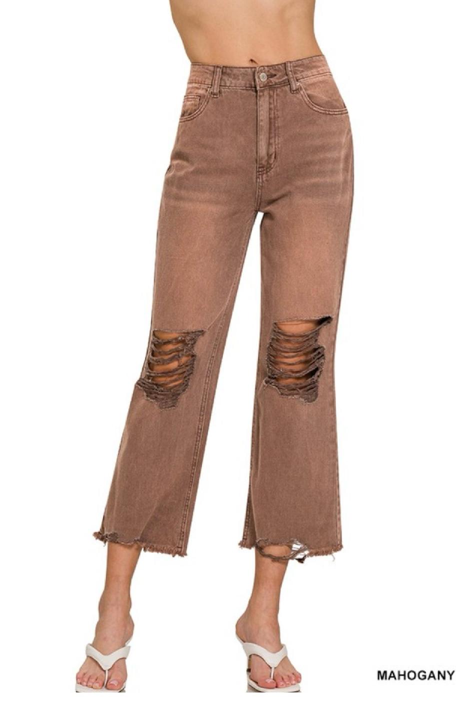 Mahogany  Distressed Knee And Hem Cropped Pants