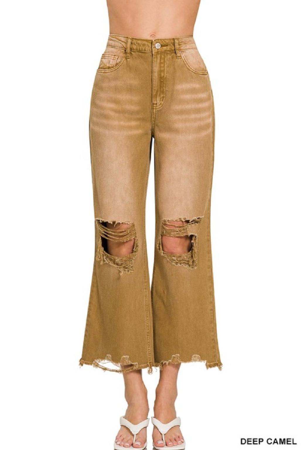 Zenana Washed Distressed Knee And Hem Cropped Pants