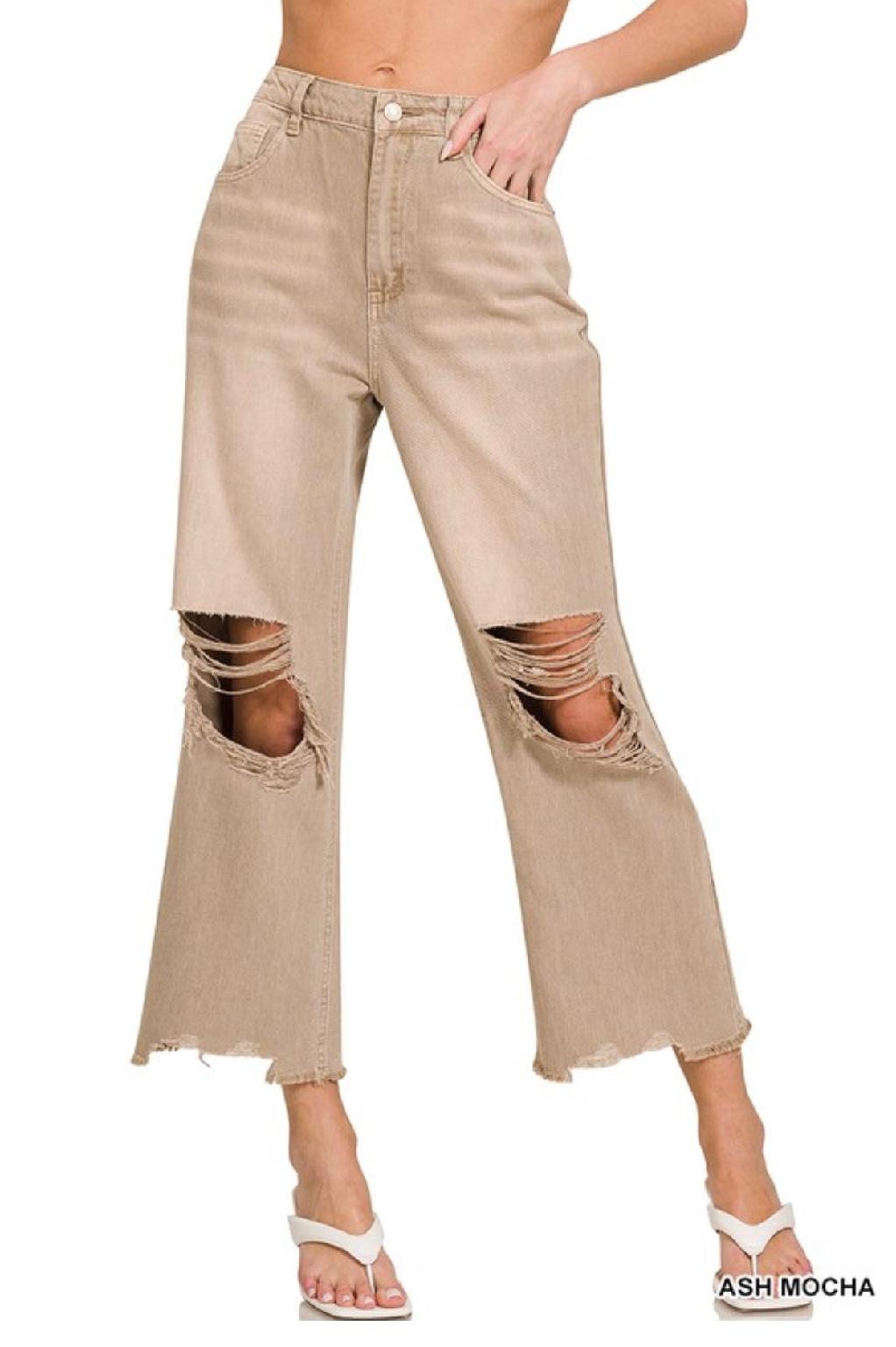 Zenana Washed Distressed Knee And Hem Cropped Pants