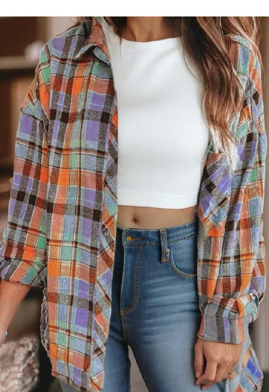 Classic Charm Plaid Print Drop Sleeve Loose Shirt