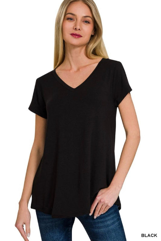 Basic Rayon Short Sleeve V-Neck Round Hem Top