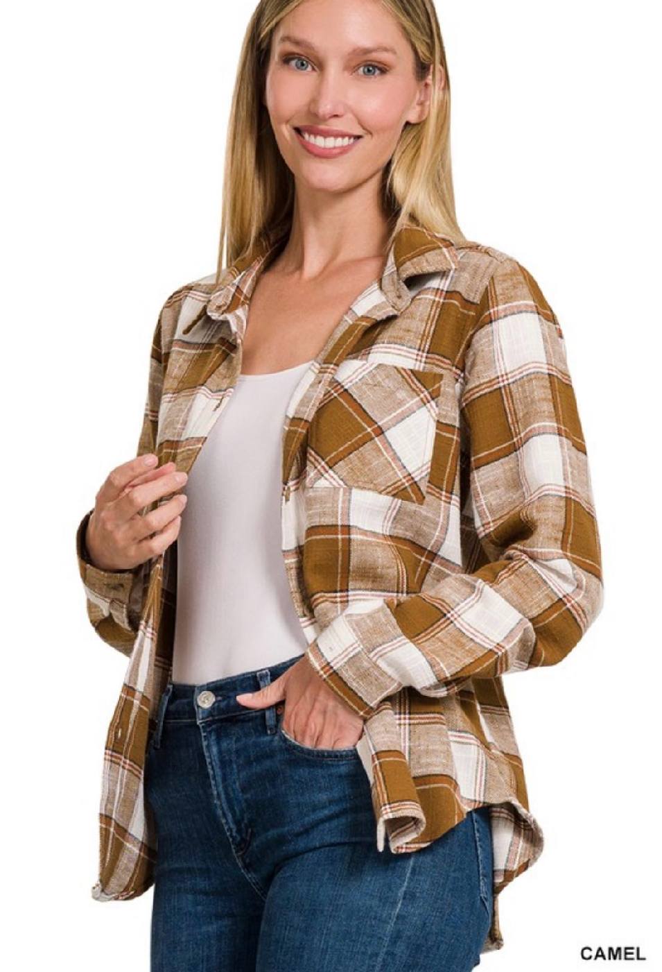 Kylie Cotton Plaid Shacket With Front Pocket