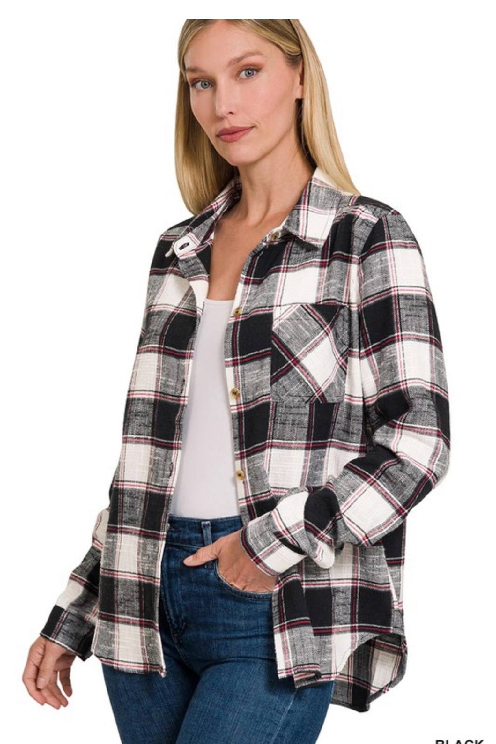 Kylie Cotton Plaid Shacket With Front Pocket