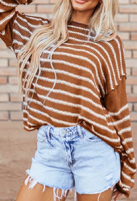 Daisy Casual Stripe Round Neck Drop Shoulder Sweater