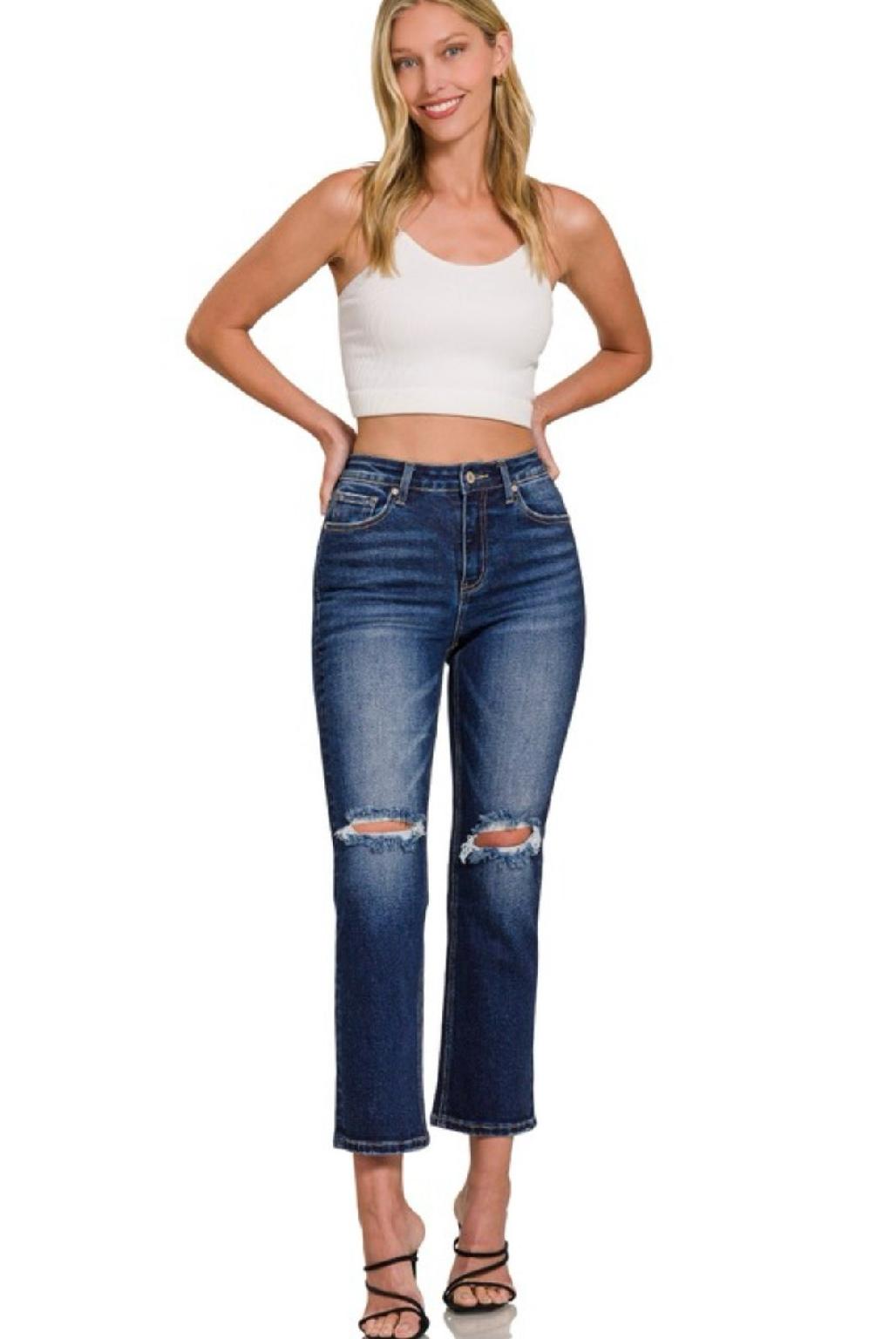 Zenana Distressed Cropped 5 Pocket Denim