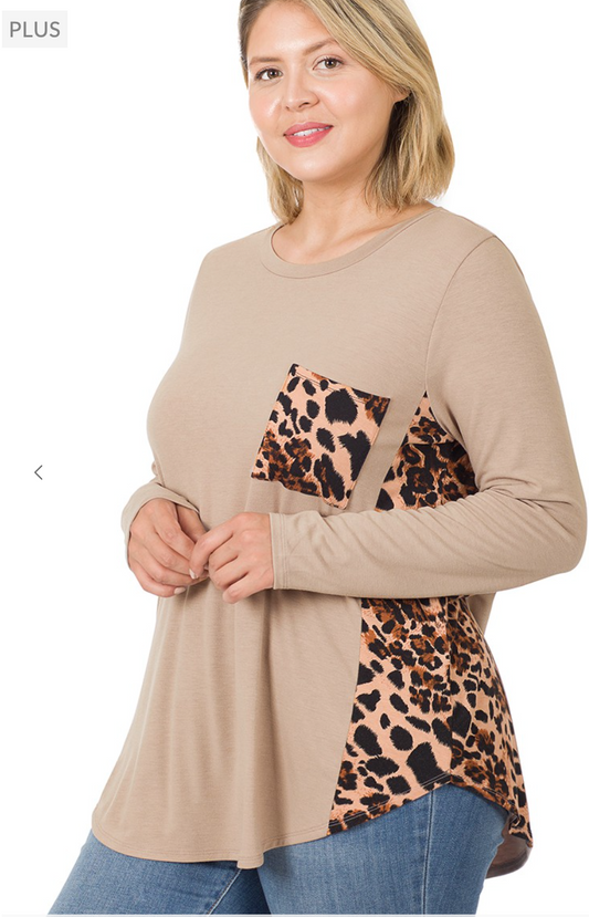 Plus Contrast Side Panel Leopard Front Pocket Top