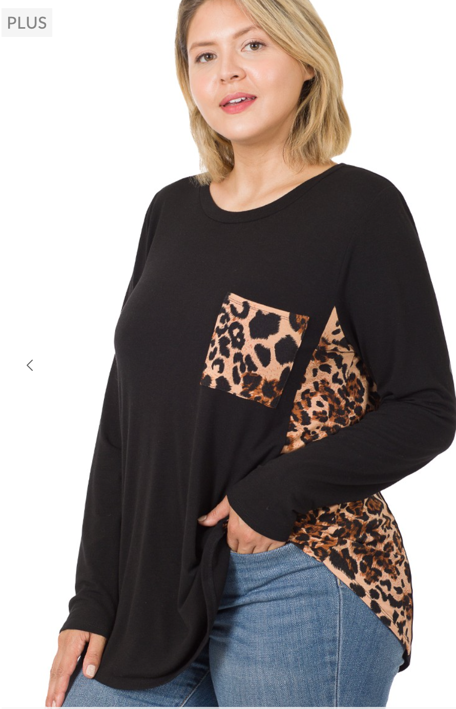 Plus Contrast Side Panel Leopard Front Pocket Top