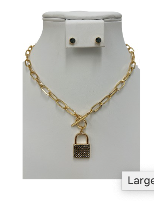 Lock Gem Pave Pendant Necklace Set