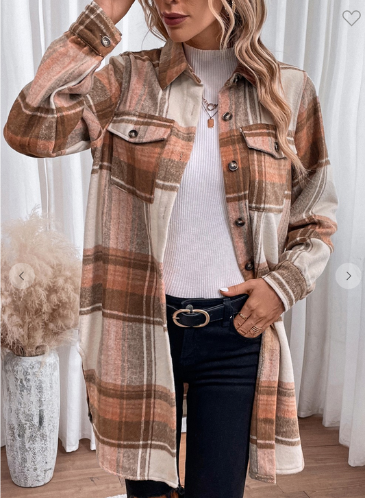 Plaid Print Flap Pockets Long Shacket