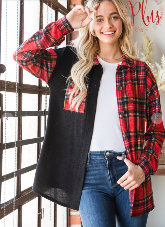 Black Color Block Plaid Shacket