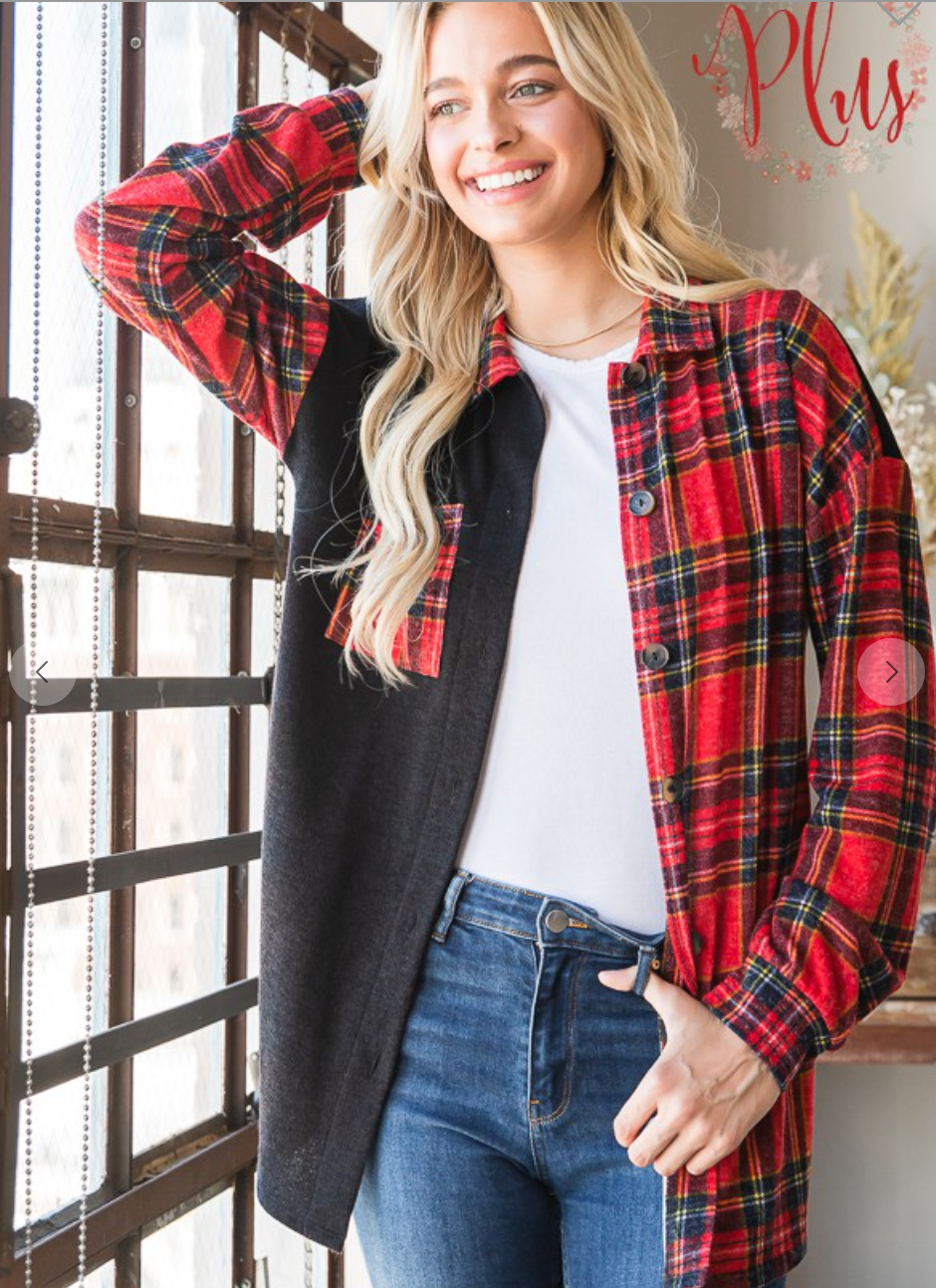 Black Color Block Plaid Shacket