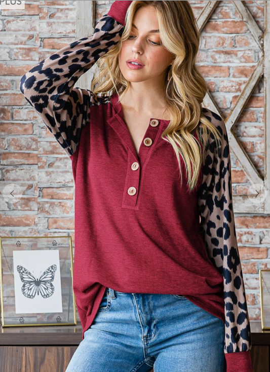 Long Puff Sleeve Solid And Animal Top