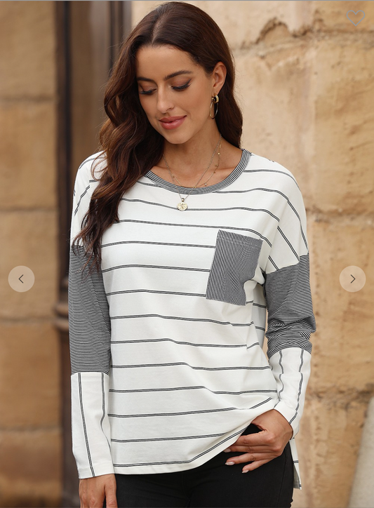 Patchwork High Low Side Slits Long Sleeve Top