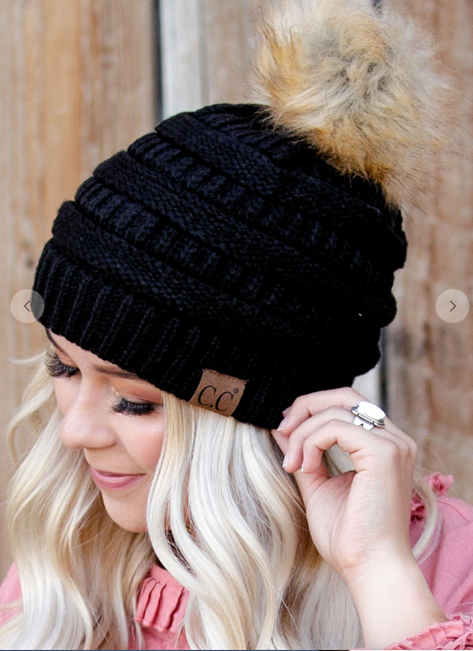 CC Trending Faux Fur Pom Beanie w/ Tan Pom