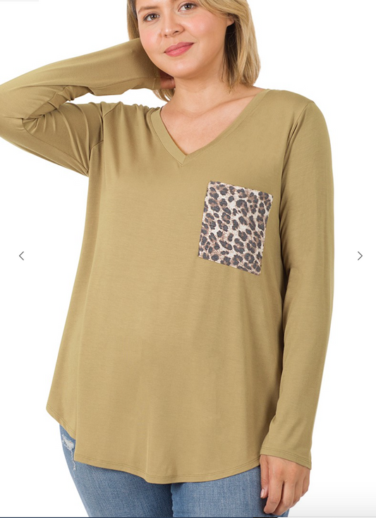 Long Sleeve V-Neck Leopard Pocket Top