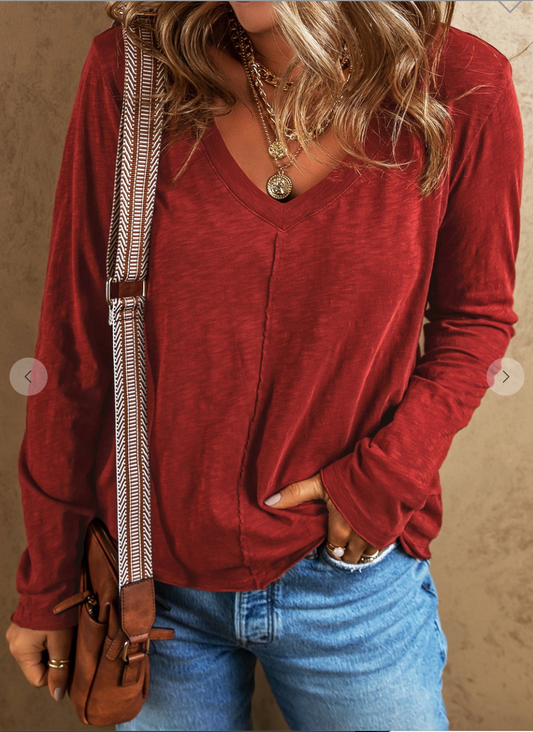 Sandalwood V Neck Center Seam Long Sleeve Tee