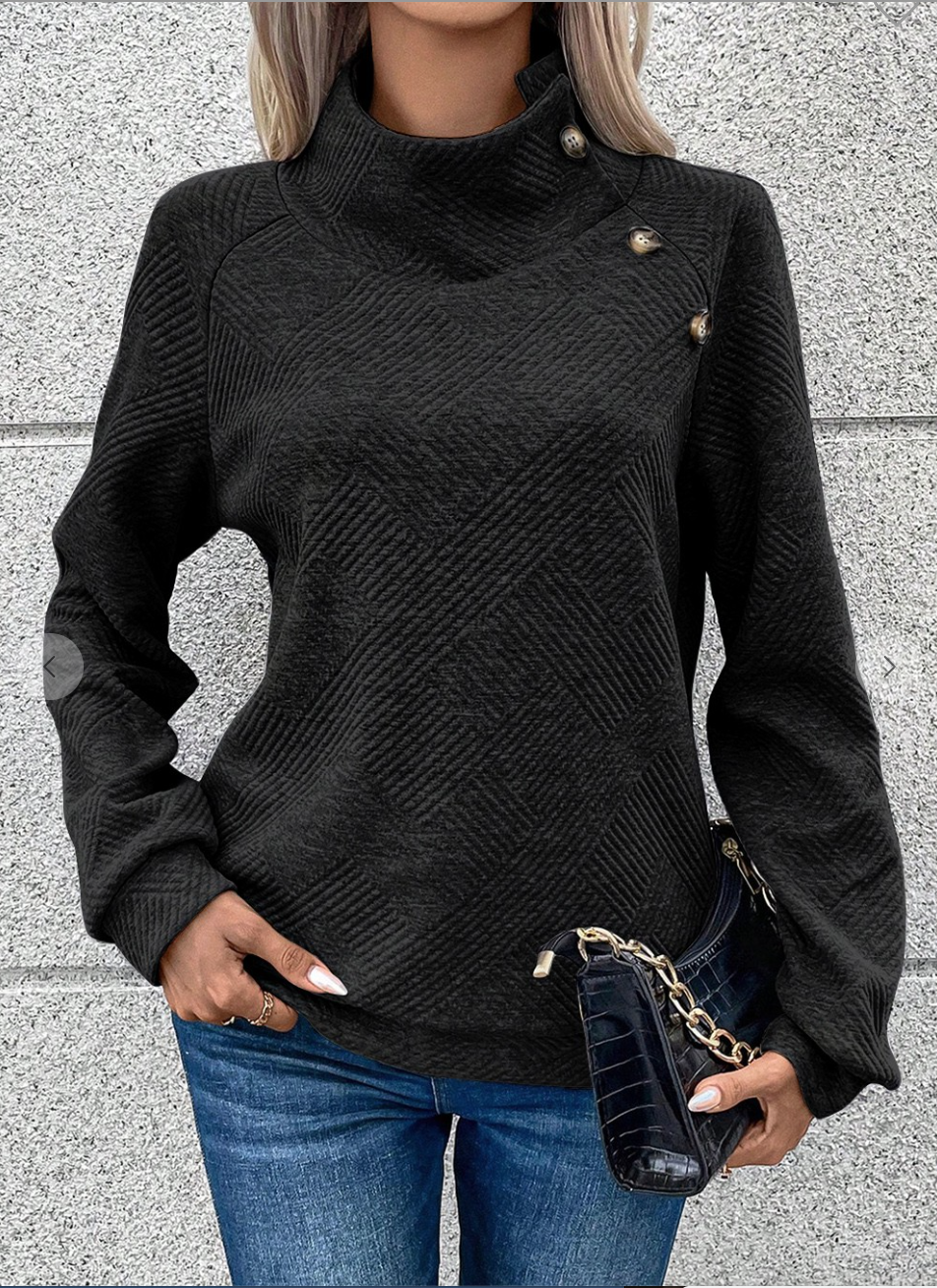 Textured Solid Button Detail Sweatshirt