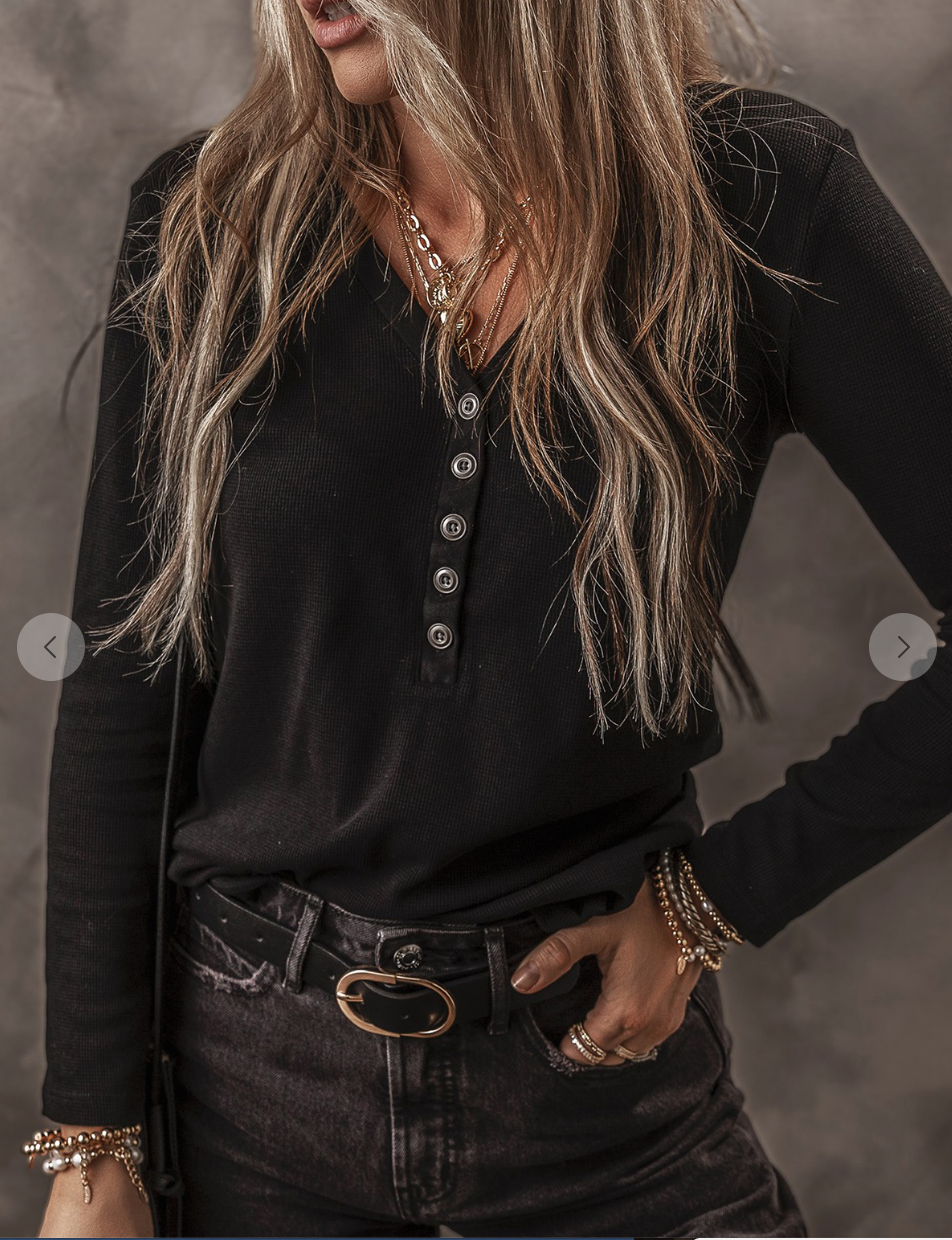 Buttoned V Neck Long Sleeve Ribbed Top