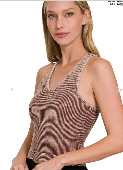 Washed Ribbed Cropped Bra Padded V-Neck Tank