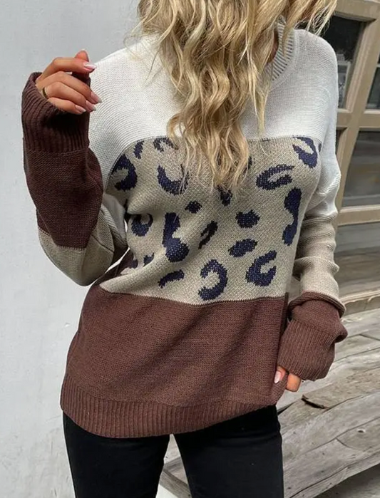 Long-Sleeved Leopard Print Contrast Sweater