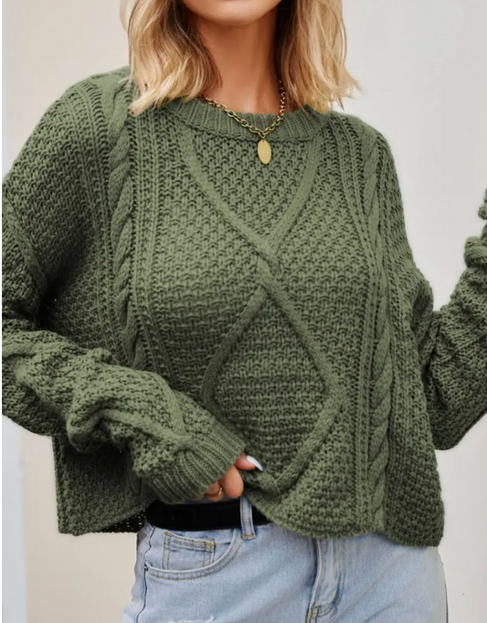 Twisted Button-Knit Loose Crewneck Pullover Sweater