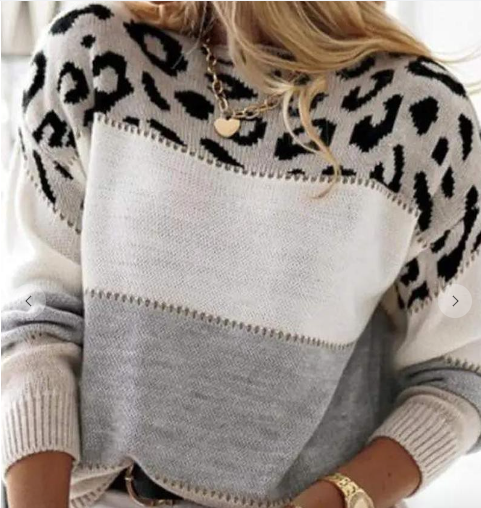 Leopard Patch Color Block Long Sleeve Sweater