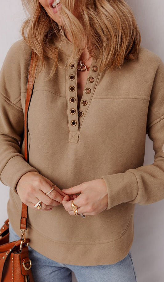 Hallie Half Eyelet Placket Pullover Sweatshirt