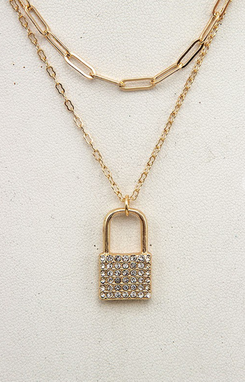 RHINESTONE PAVE LOCK PENDANT NECKLACE SET