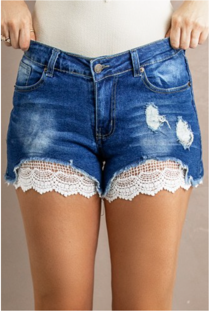 Crochet Distressed Denim Shorts