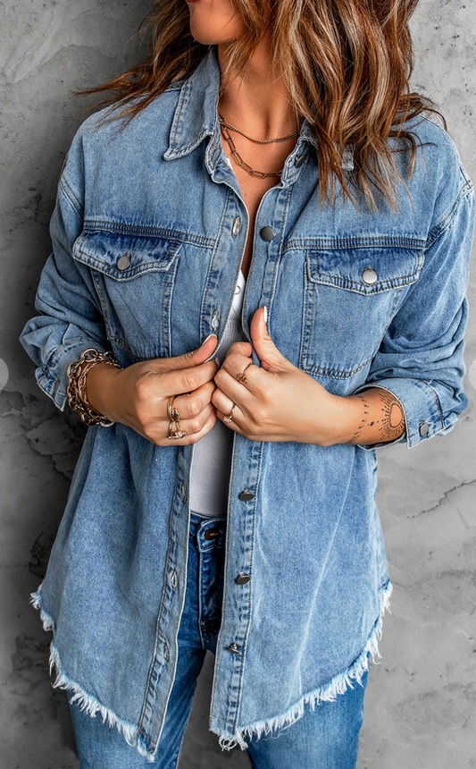 Blue Pocket Raw Hem Buttoned Denim Jacket