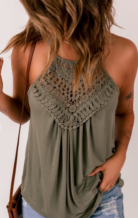 Olive Crochet Lace Detail Tank Top