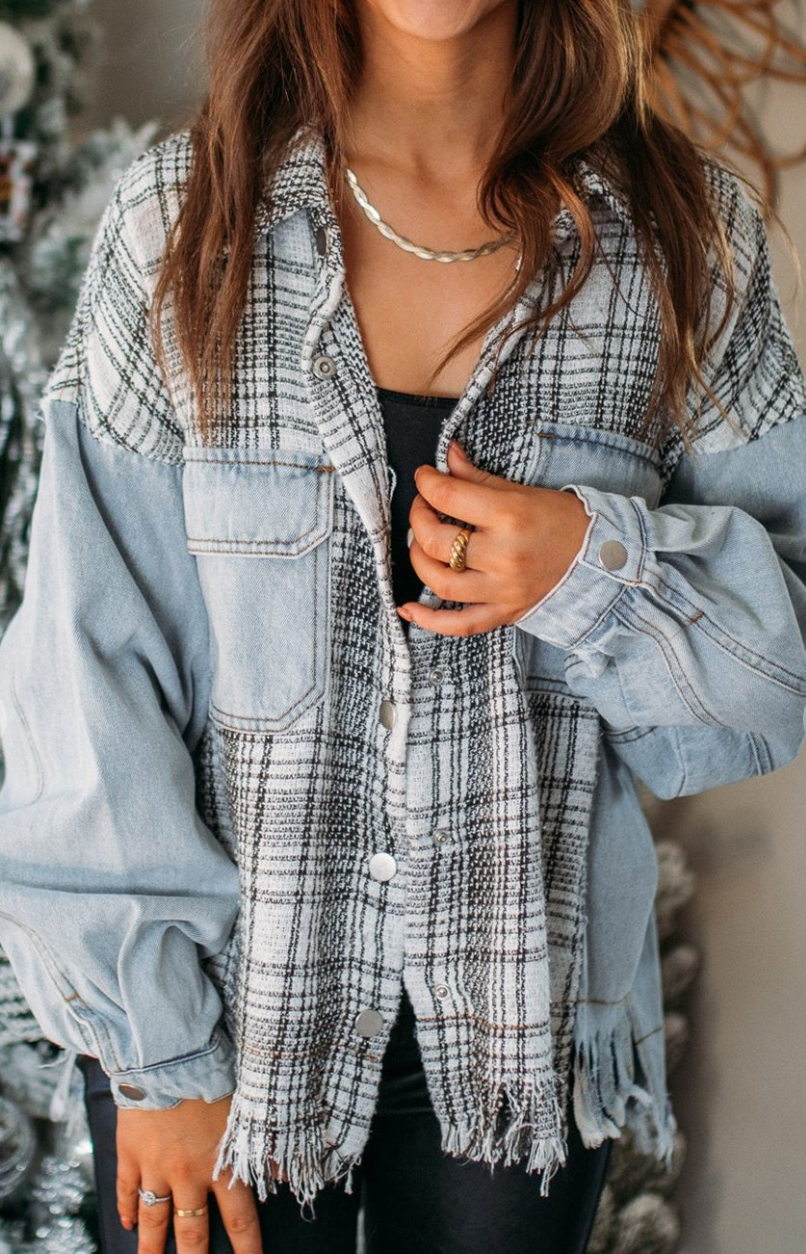 Sky Blue Plaid Patchwork Denim Jacket