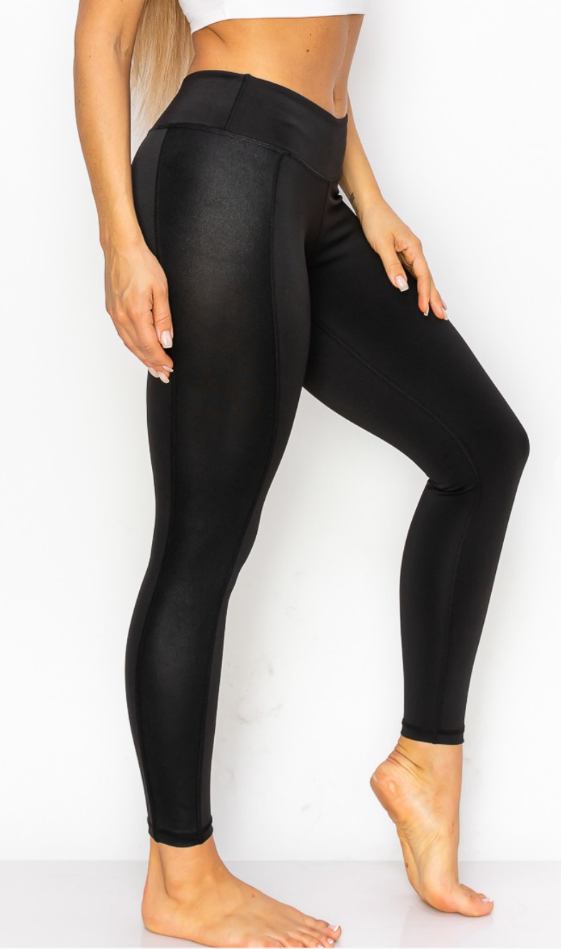 Brushed DTY & PU solid mixed leggings