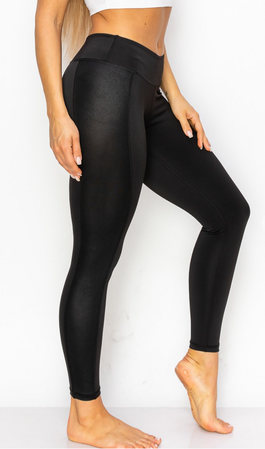 Brushed DTY & PU solid mixed leggings