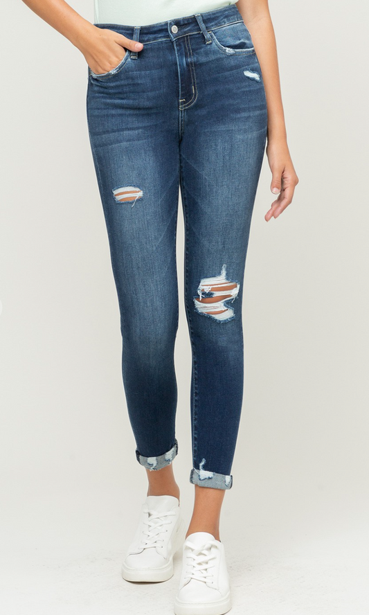 Brunch-High Rise Distresses Roll Up Crop Skinny by Flying Monkey