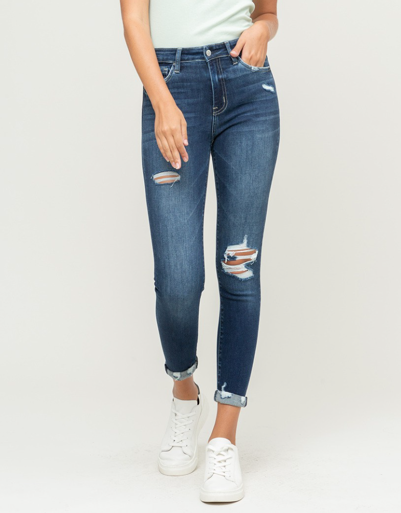 Brunch-High Rise Distresses Roll Up Crop Skinny by Flying Monkey