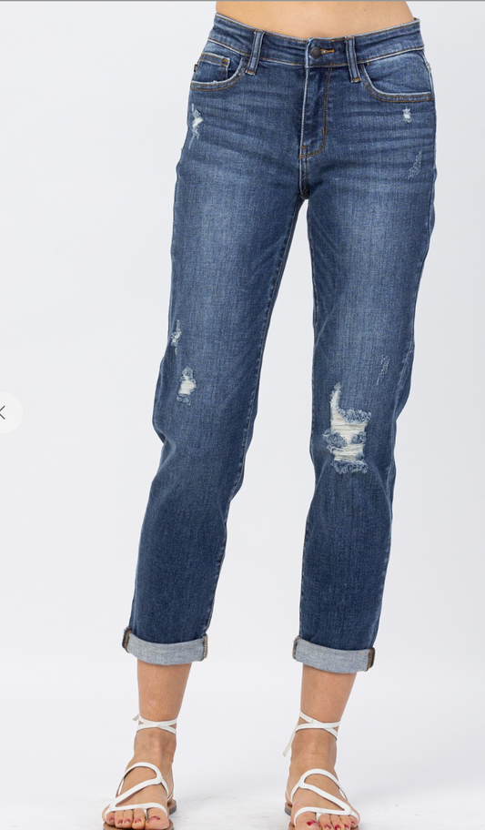 Judy Blue Mid Rise Cuffed Distressed Slim Fit