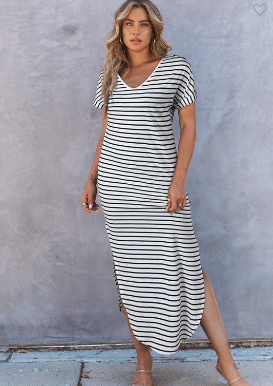 Black Striped & V Neck Maxi Dress